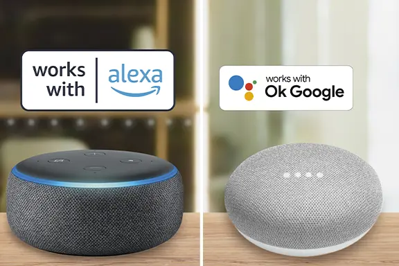 Amazon Alexa und Google Assistant stehen auf dem Tisch.